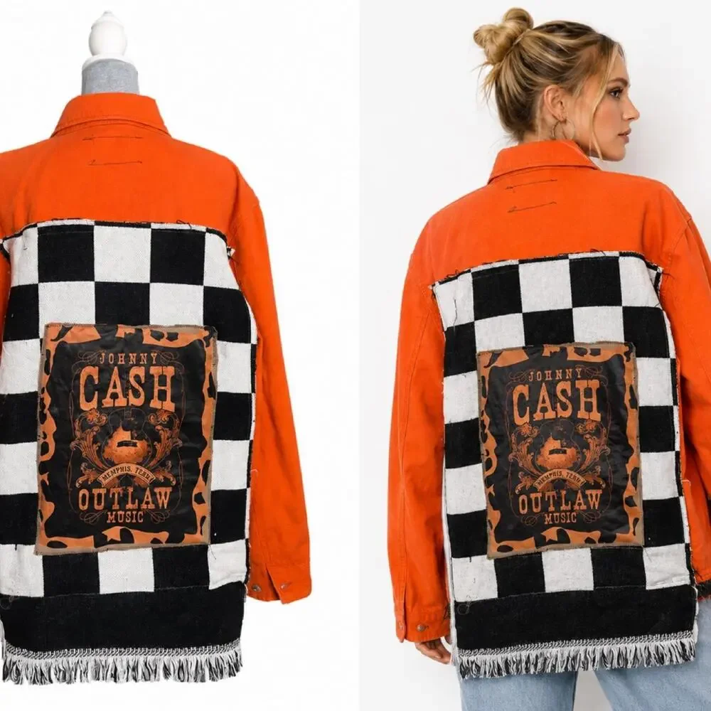 Johnny Cash Upcycled Jacket Outlaw Country Checkered Western OOAK